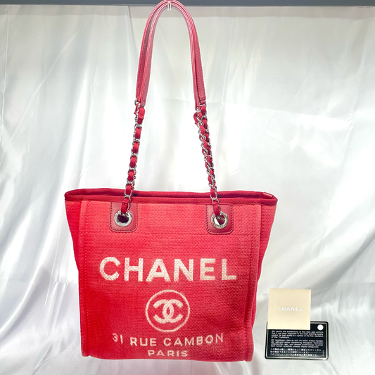 【中古B】CHANEL シャネル ドーヴィル レッドカラー キャンバス トートバッグ
